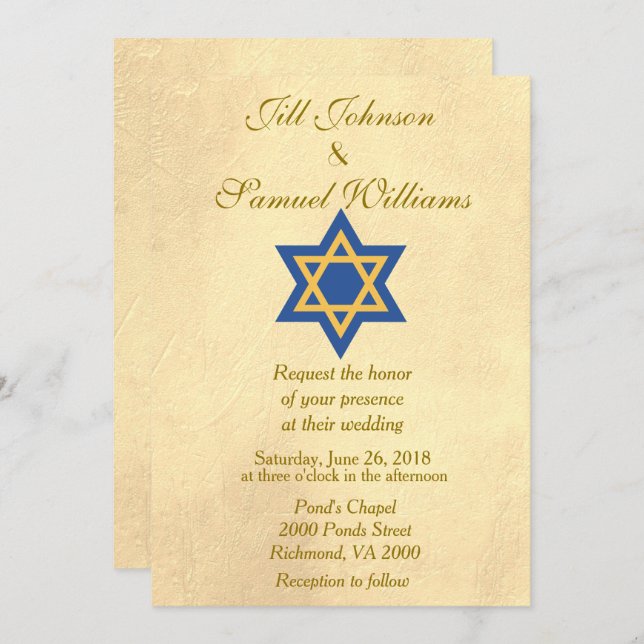 Jewish Blue and Gold Star of David Wedding Invitation (Front/Back)