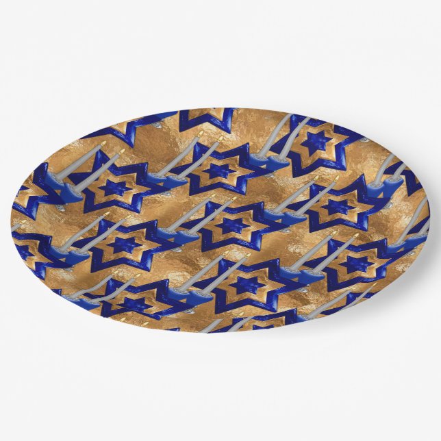 Jewish-Candlesticks-and-Stars Gold 3 Paper Plate (Angled)