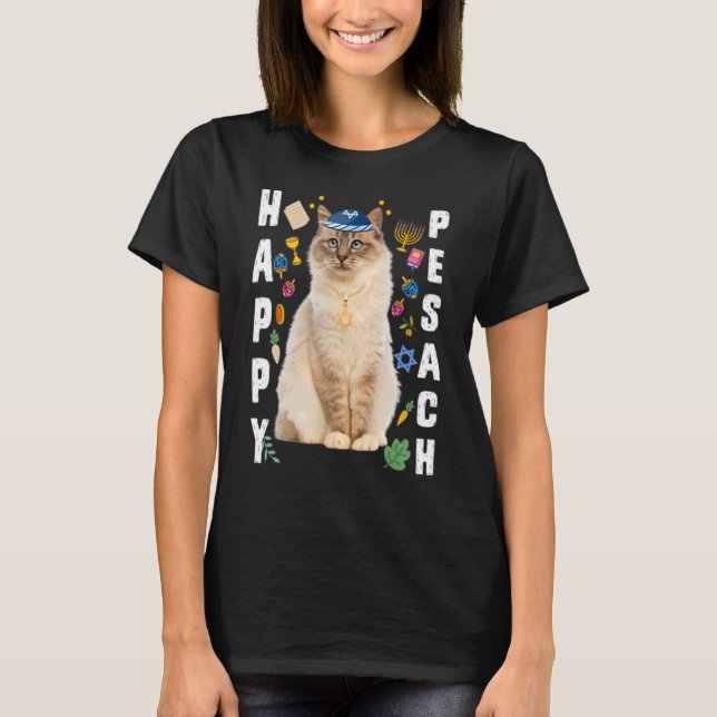 Jewish Cat Kippah Happy Pesach Matzah Passover Hol T-Shirt (Front)