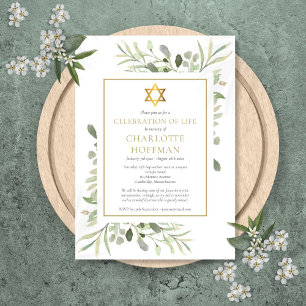 Jewish Celebration of Life Funeral Greenery Gold Invitation