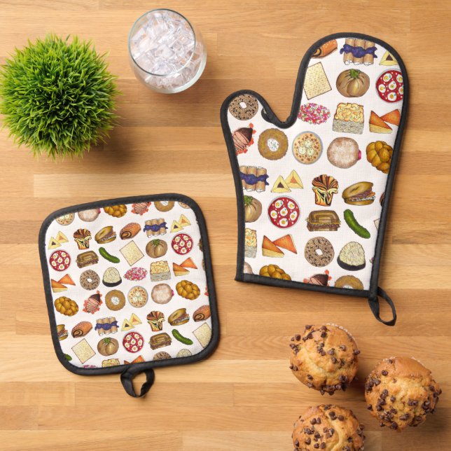 Jewish Cooking Cuisine Holiday Dinner Foods Print Oven Mitt & Pot Holder Set (Top Down)