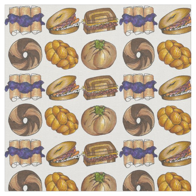 Jewish Deli Food Bagel Knish Challah Blintz Pickle Fabric (Close Up)