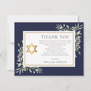 Jewish Funeral Gold Star Of David Greenery Poem Thank You Card