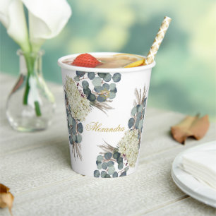 Jewish Girl Baby Naming Floral Green Gold Paper Cups