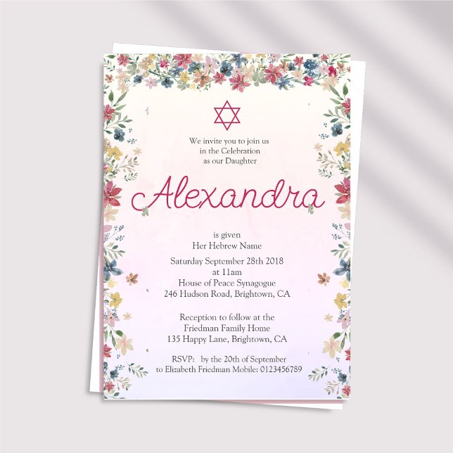 Jewish Girl Baby Naming Floral Pink Star Of David  Invitation (Creator Uploaded)