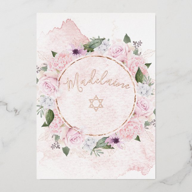 Jewish Girl Baby Naming Pink Roses Foil Invitation (Front)