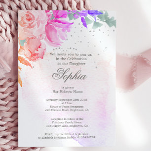 Jewish Girl Baby Naming Purple Lavender Floral Invitation