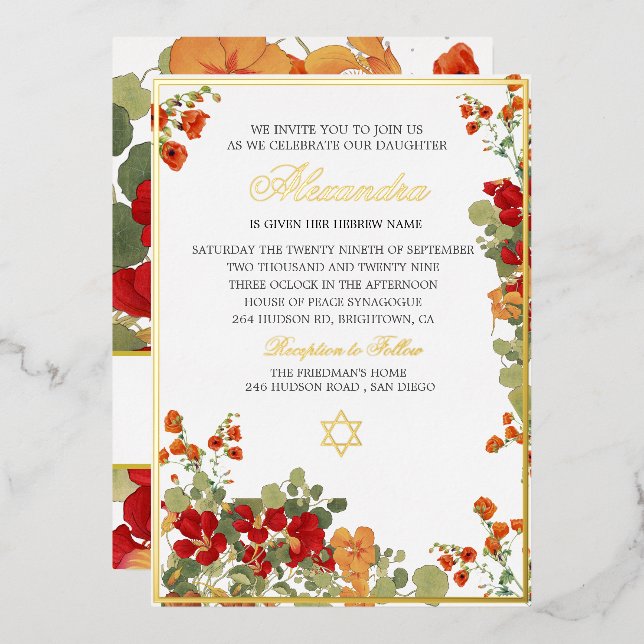 Jewish Girl Baby Naming  Red Modern Floral  (Front/Back)