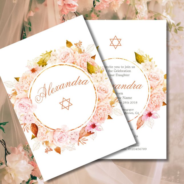 Jewish Girl Baby Naming Roses Star Of David  Invitation (Creator Uploaded)