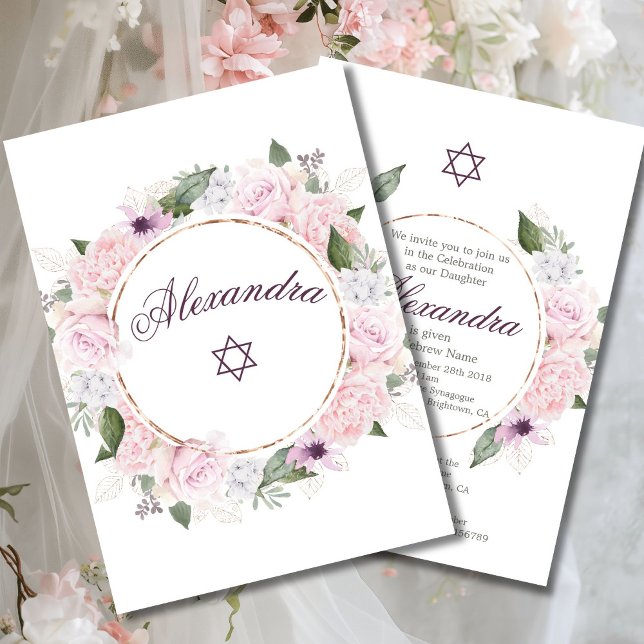 Jewish Girl Baby Naming Star Of David Pink Roses  Invitation (Creator Uploaded)