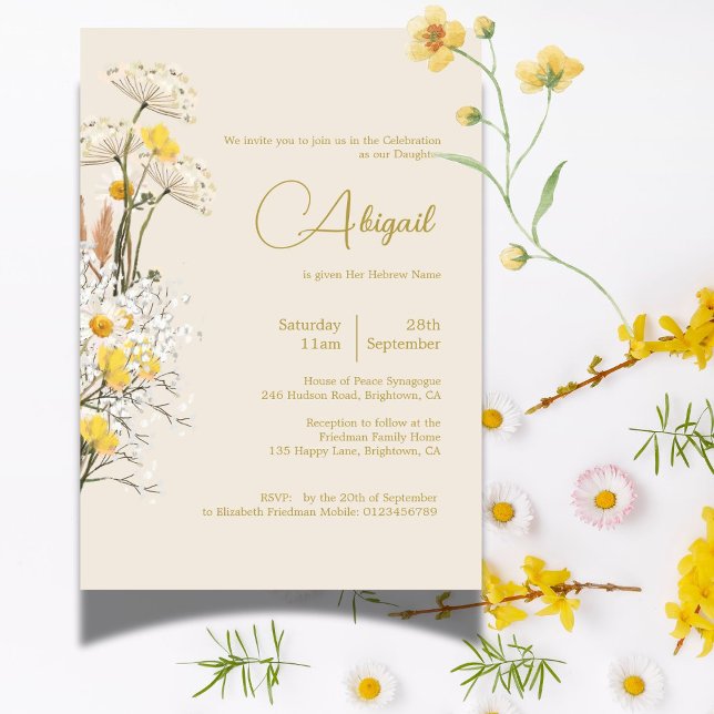 Jewish Girl Baby Naming Watercolor Wildflowers Invitation (Creator Uploaded)