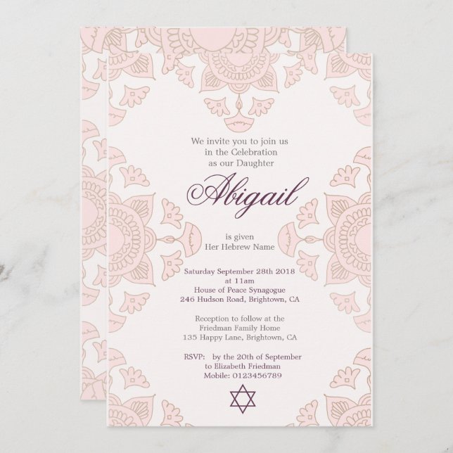 Jewish Girl Custom Baby Naming Pink   Invitation (Front/Back)