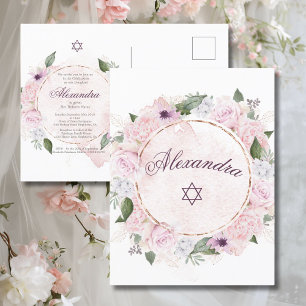 Jewish Girl Pink Roses Star Of David Invitation Postcard