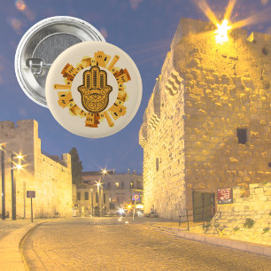 Jewish Gold Jerusalem Hamsa with Star of David  3 Cm Round Badge
