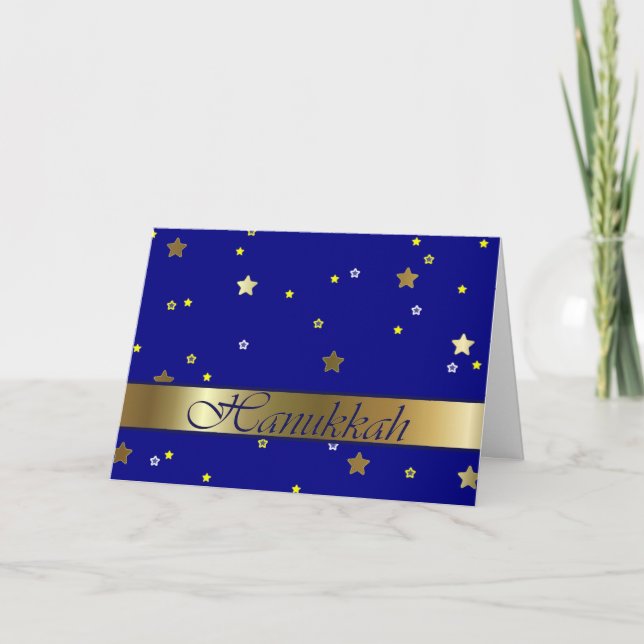 Jewish Hanukkah Golden Blue Stars Greeting Card (Front)