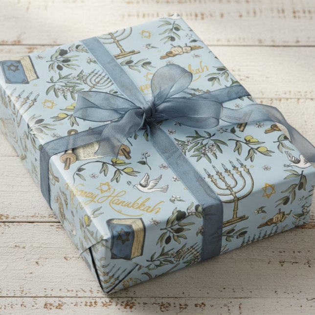 Jewish Happy Hanukkah Menorah & Olive Branches Wrapping Paper (Elegant Blue Menorah, Star of David, Dreidel & Olives Wrapping Paper for Jewish Holiday Hanukkah)