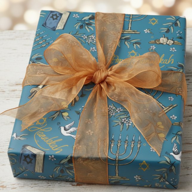 Jewish Happy Hanukkah Menorah & Olive Branches Wrapping Paper (Happy Hanukkah Wrapping Paper. Festive Jewish Menorah, Dreidel, Dove, Olive Branches, Torah Pattern)