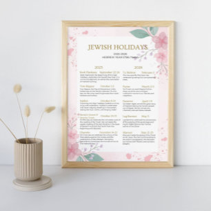 Jewish Holiday Calendar 2025 2026 Pink floral 5786 Poster