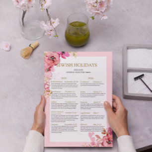 Jewish Holiday Calendar 2025 2026 Pink floral   Poster