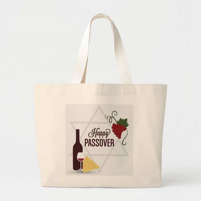 Jewish Holiday Large Tote Bag (A digital illustration on a cream-colored canvas tote bag depicts a Passover-themed graphic.)