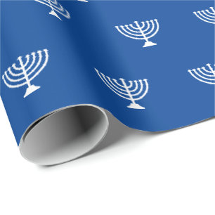 Jewish menorah blue and white pattern Hanukkah  Wrapping Paper