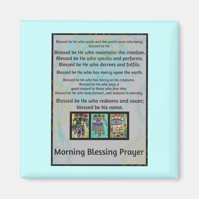 Jewish Morning Blessing Prayer Batik Hamsa Magnet (Front)