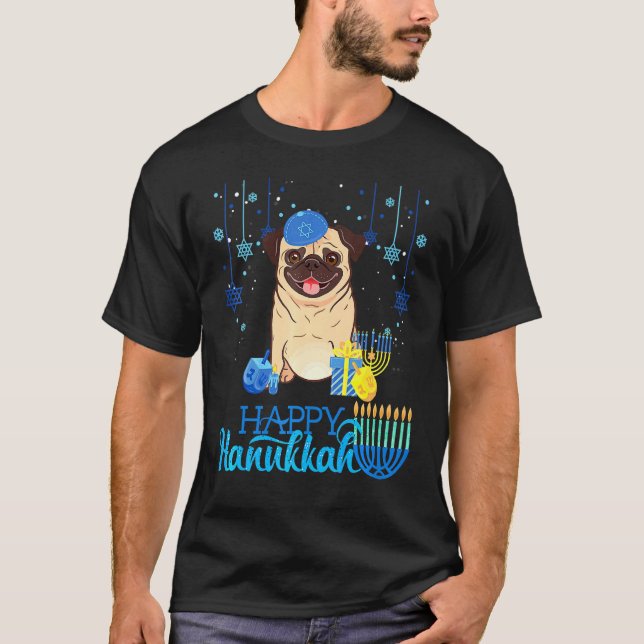 Jewish Pug Dog Menorah Hat Chanukah Hanukkah Jewis T-Shirt (Front)