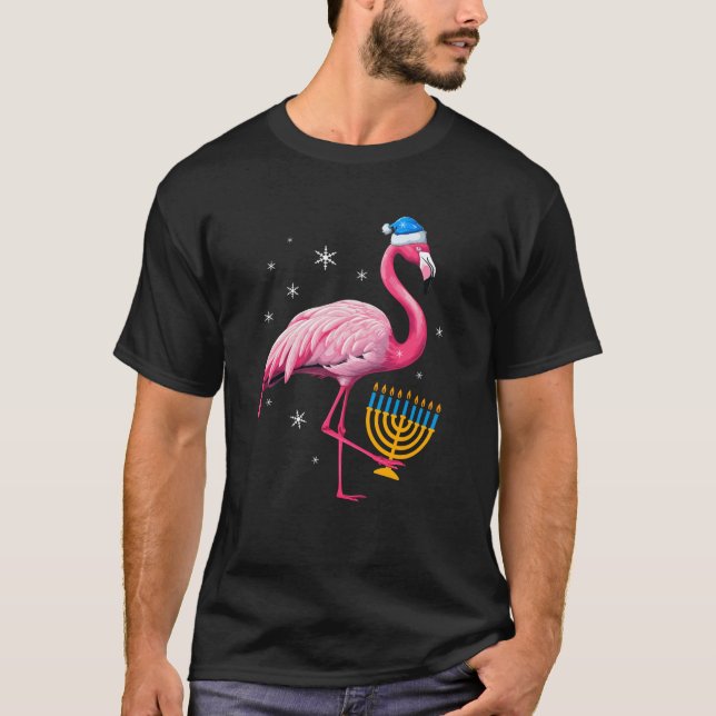 Jewish Santa Pink Flamingo Menorah Hanukkah Merry  T-Shirt (Front)
