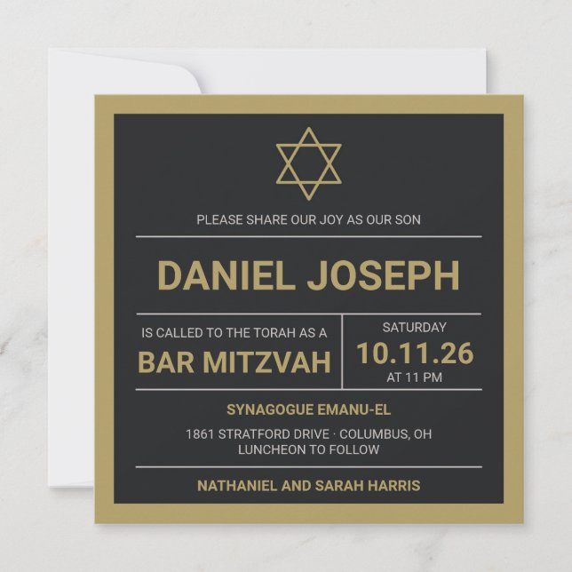 Jewish star black framed Bar Mitzvah Invitation (Front)