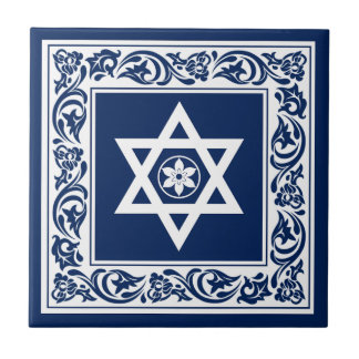 Jewish Star of David White with Blue Baroque Ceramic Tile