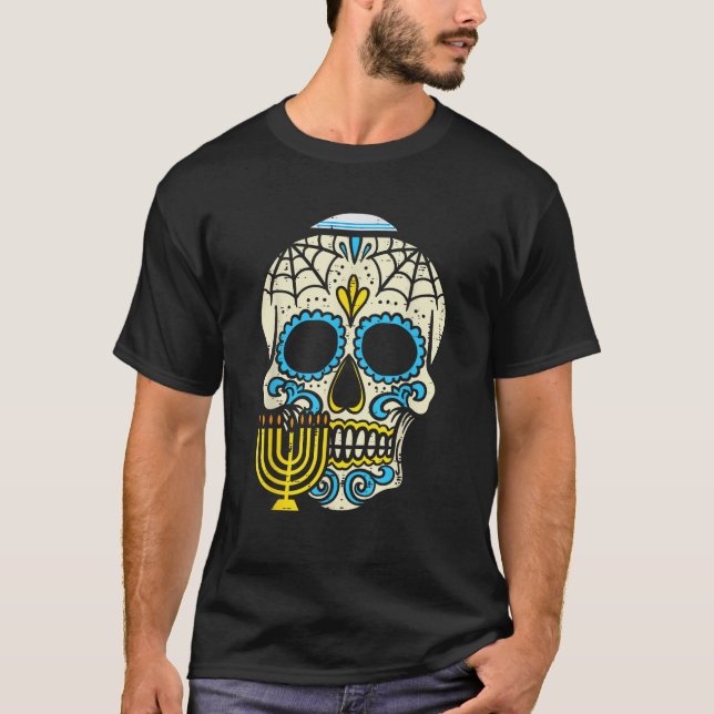 Jewish Sugar Skull Menorah Mexican Hanukkah Chanuk T-Shirt (Front)
