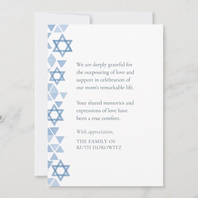 Jewish Sympathy Modern Watercolor Blue Stars  Thank You Card (Front)