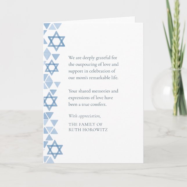 Jewish Sympathy Modern Watercolor Blue Stars  Thank You Card (Front)