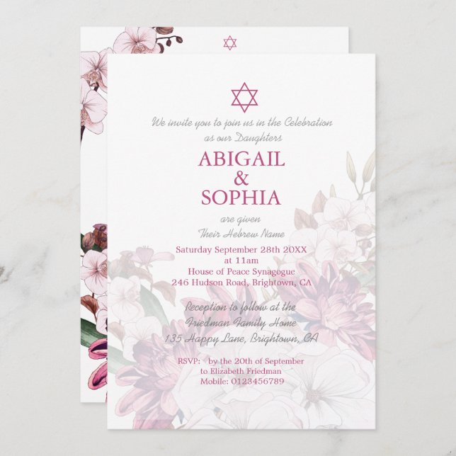 Jewish Twin Girls Floral Naming Ceremony Hebrew Invitation (Front/Back)