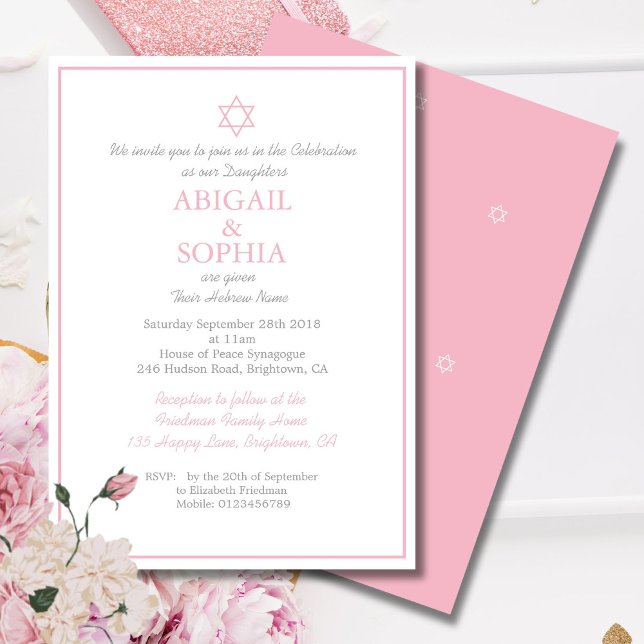 Jewish Twin Girls Naming Ceremony Hebrew Invitation (Creator Uploaded)
