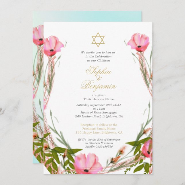 Jewish Twins Floral  Baby Naming Star of David   Invitation (Front/Back)