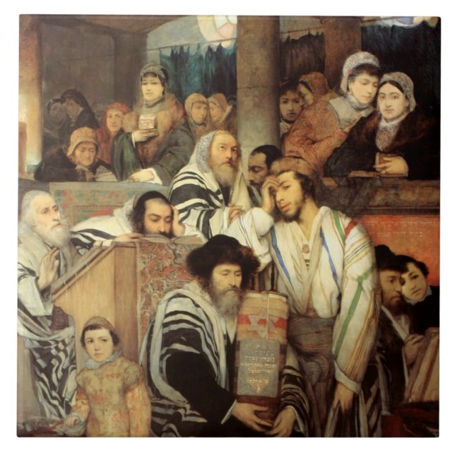 Jews Praying in the Synagogue on Yom Kippur Ceramic Tile (Front)
