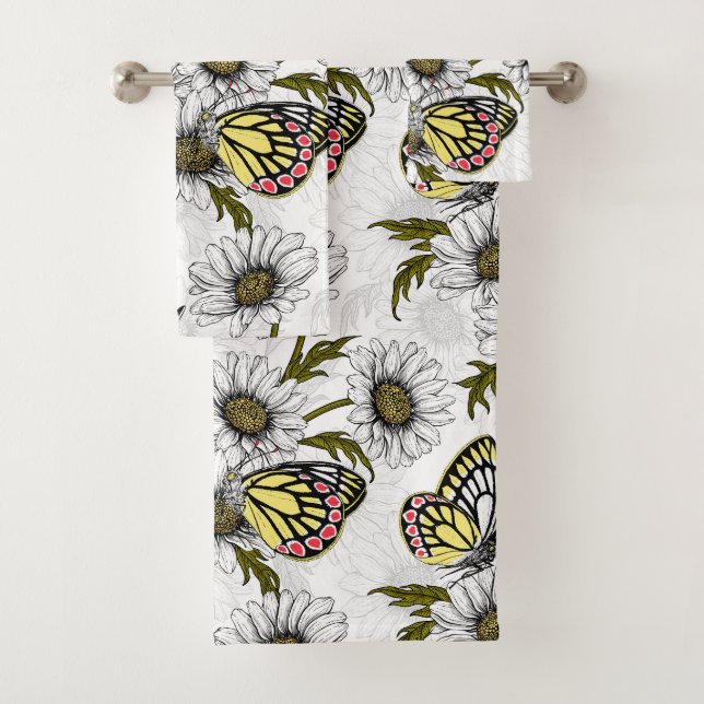 Jezebel butterflies and daisy flowers on white bath towel set (Insitu)