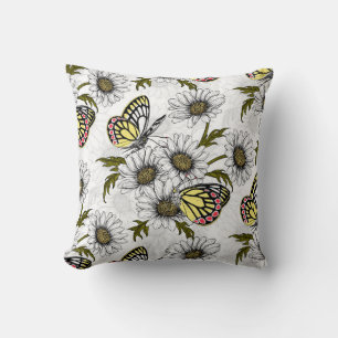Jezebel butterflies and daisy flowers on white cushion