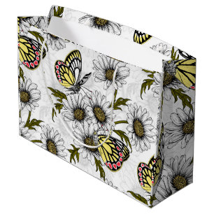 Jezebel butterflies and daisy flowers on white large gift bag