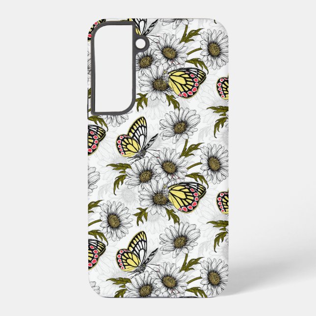 Jezebel butterflies and daisy flowers on white samsung galaxy s22+ case (Back)
