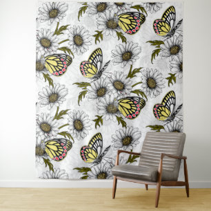 Jezebel butterflies and daisy flowers on white tapestry