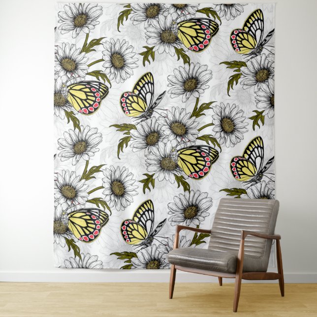 Jezebel butterflies and daisy flowers on white tapestry (In Situ)