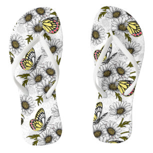 Jezebel butterflies and daisy flowers on white thongs