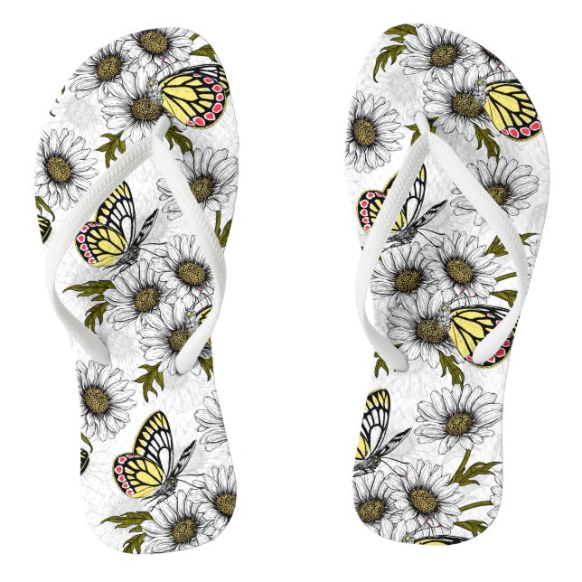 Jezebel butterflies and daisy flowers on white thongs (Footbed)
