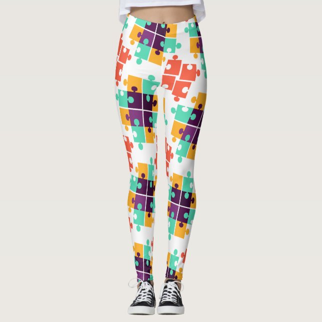 Jigsaw Puzzle Autism Pattern Gift Cute Summer Leggings (Front)
