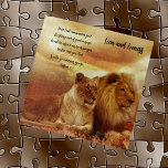 Jigsaw Puzzle Lion and Lioness Scripture<br><div class="desc">Regal Lion and Lioness jigsaw puzzle, with scripture Joshua 1:9 "Have I not commanded you? Be strong and of good courage; do not be afraid, nor be dismayed, for the Lord your God is with you wherever you go.” Background shades of browns and gold! An encouraging scripture to claim for...</div>