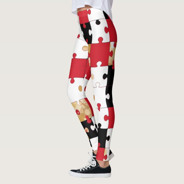 Jigsaw Puzzle Red Black Gold Pattern  Leggings (Left)
