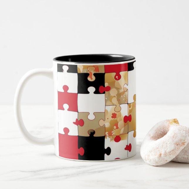 Jigsaw Puzzle Red Black Gold Pattern  Two-Tone Coffee Mug (With Donut)