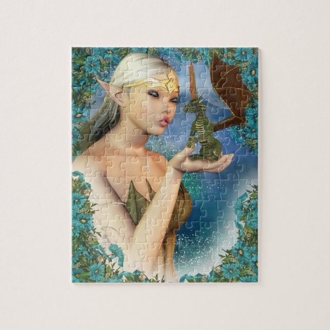 Jigsaw Puzzle With Fantasy Elf And Cute Dragon (Vertical)
